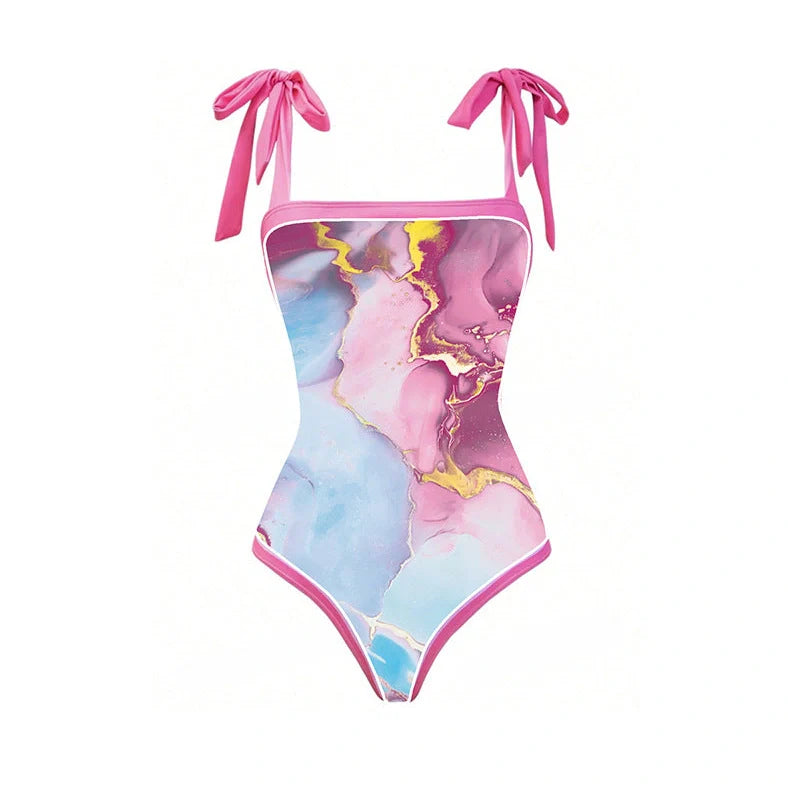 Women's printed sheath swimsuit with matching skirt for swimming activities