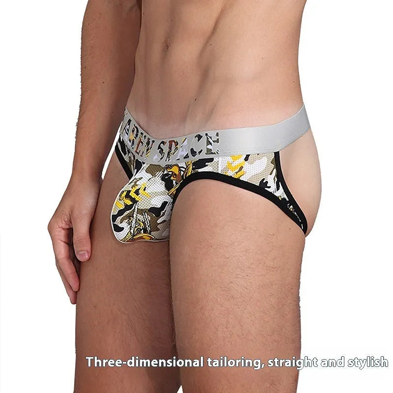 Men's Ice Silk mesh thong in printed colour, low waist breathable sports underwear, knitted nylon