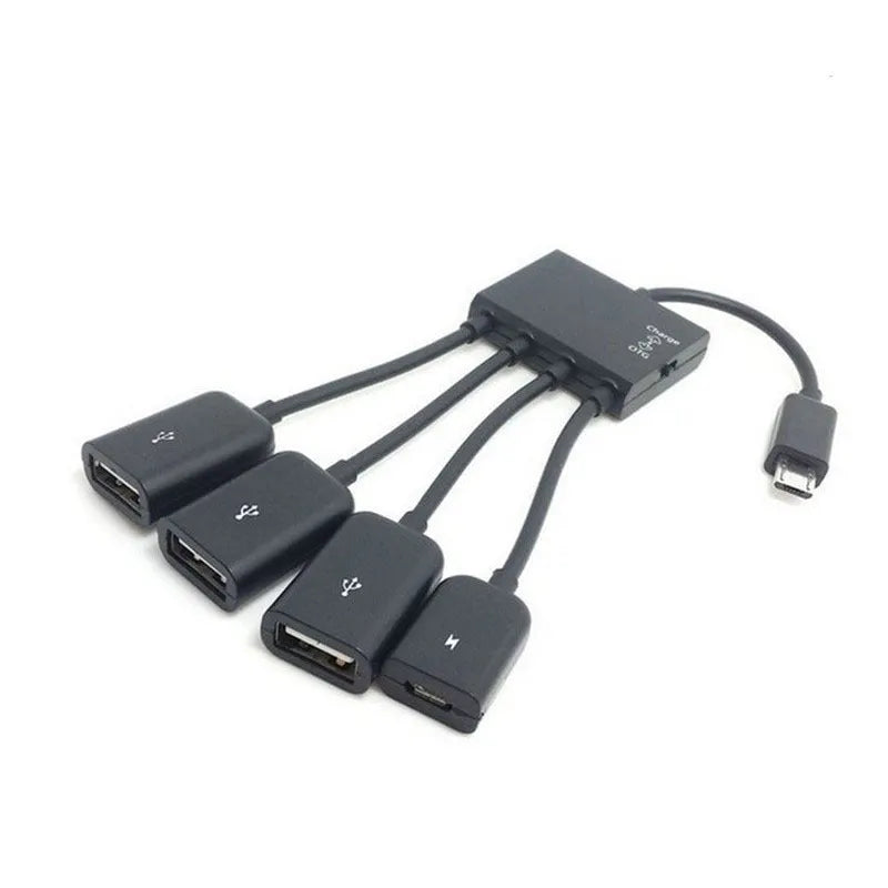 Black micro USB OTG one-to-four multi-port adapter with switch and 0.25m cable