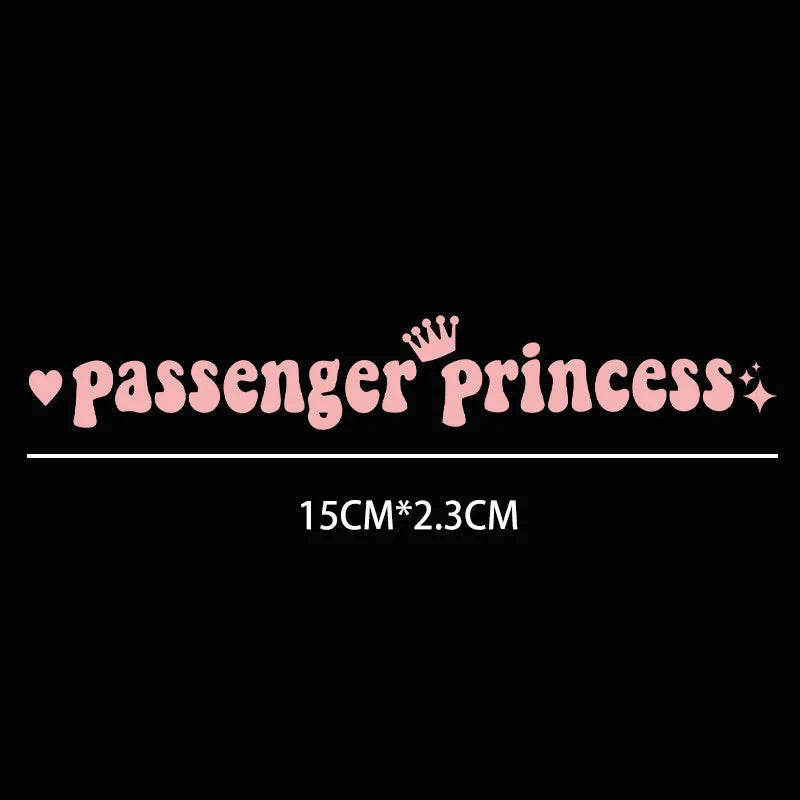 Passenger Princess text on a black plastic car sticker for rearview mirrors, showing 15cm length.