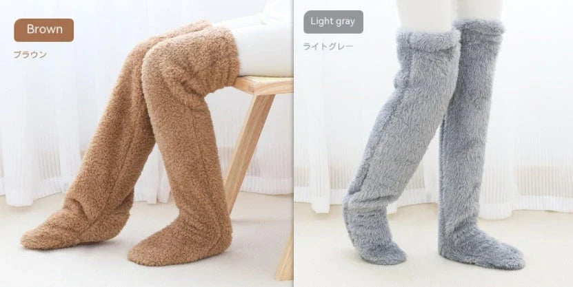 Cozy over-the-knee fuzzy socks in various colors, designed to keep your legs and knees warm during the winter season.