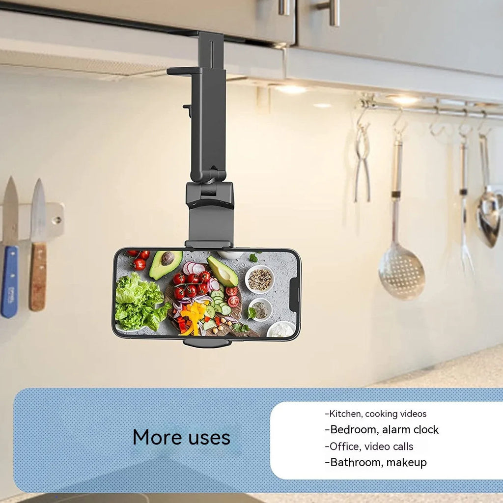 Foldable rotating phone holder in black showing adjustable angle mechanism with phone in landscape position
