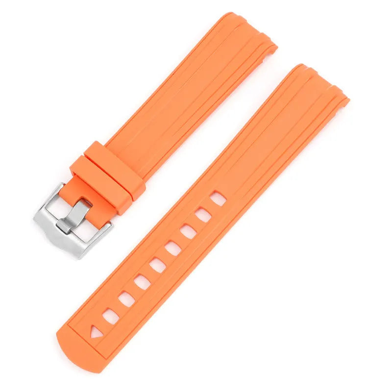 20mm width watch strap with silver buckle shown in multiple colour options including army green, sapphire blue, and dark red.
