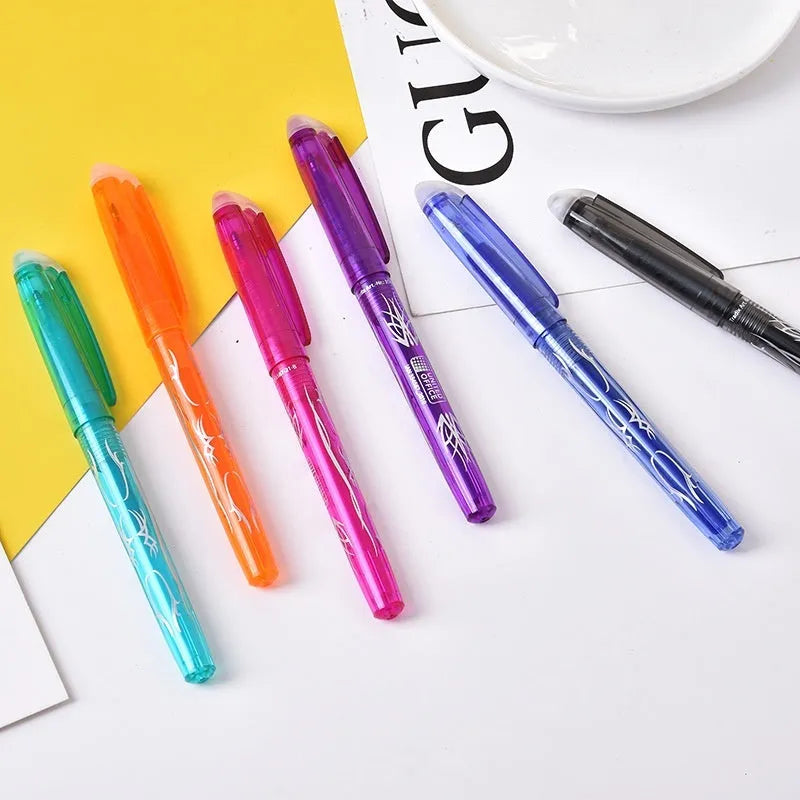 Hot erasable gel pen set with choice of 0.5mm or 0.7mm tip, showing plastic body and stainless steel nib.