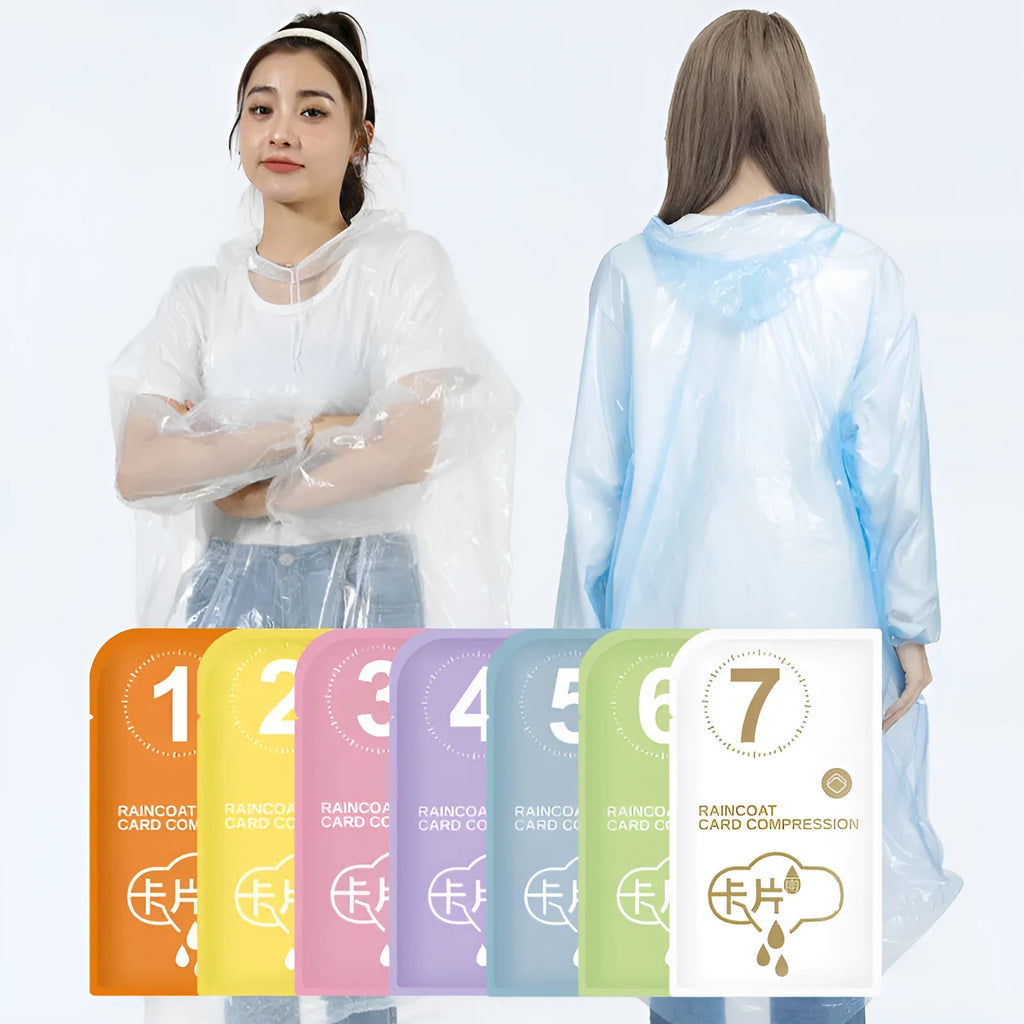 Disposable raincoat folded in card format showing adult and children's sizing options