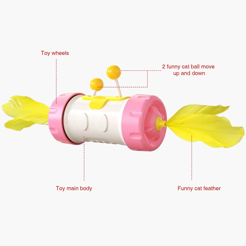 Cat toy stick pole with feather tumbler ball in multiple colour options