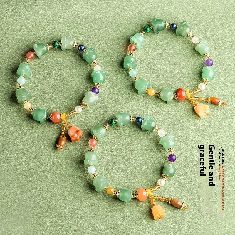 Natural Xinjiang jade bracelet with hand-carved orchid beads for women's wrists 14-18cm