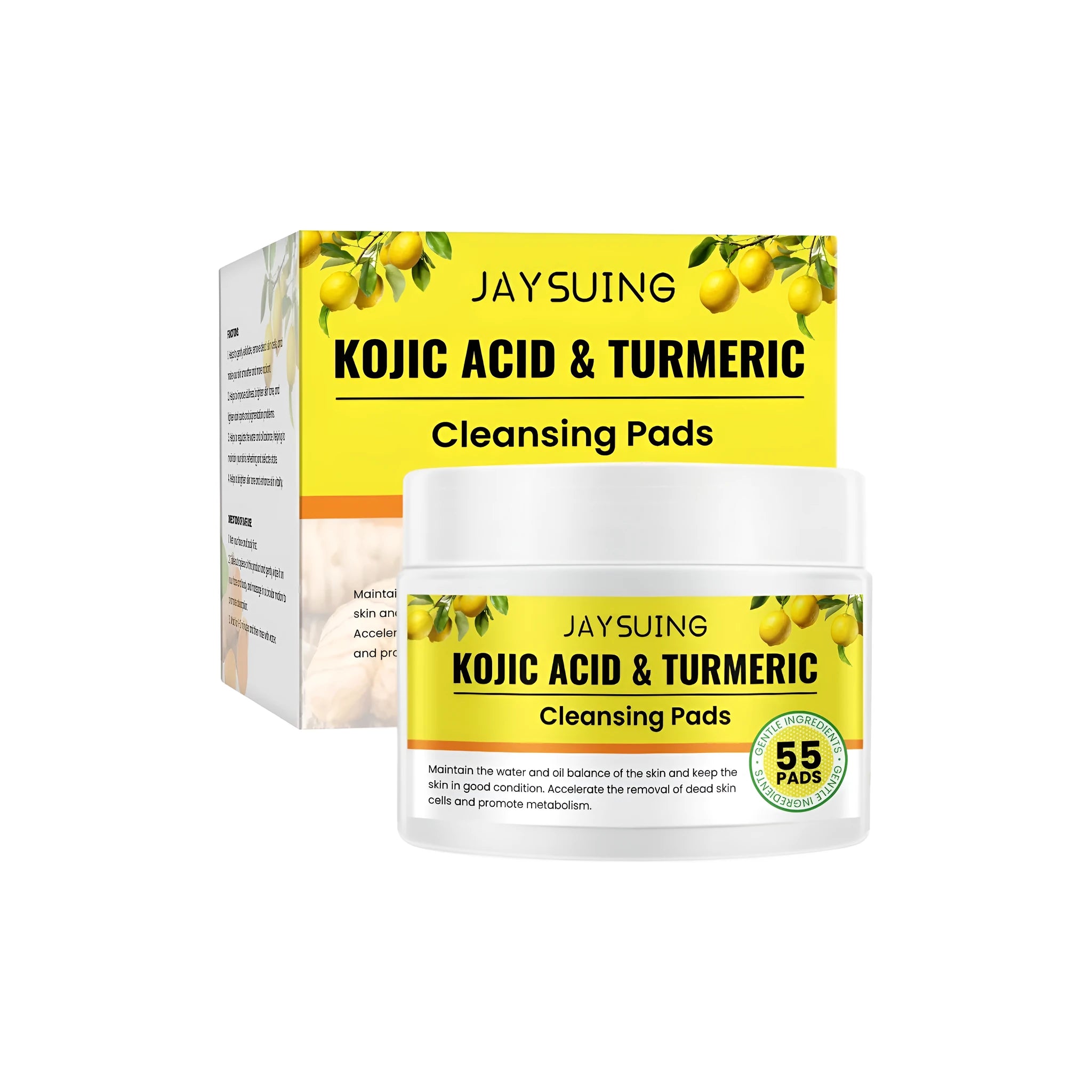 Pack of 55 turmeric and kojic acid cleansing pads on white background