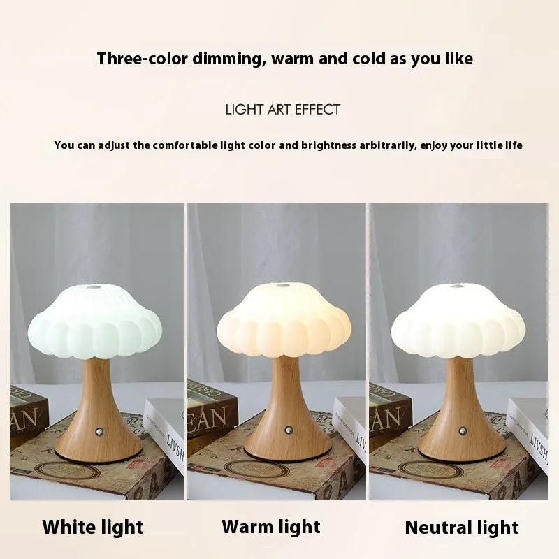 Wooden grain finish mushroom-shaped touch control night lamp on a table