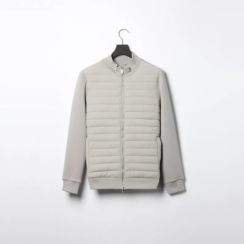 Men's lightweight stand collar coat in solid colour, knitted cotton blend fabric, with topstitching pockets