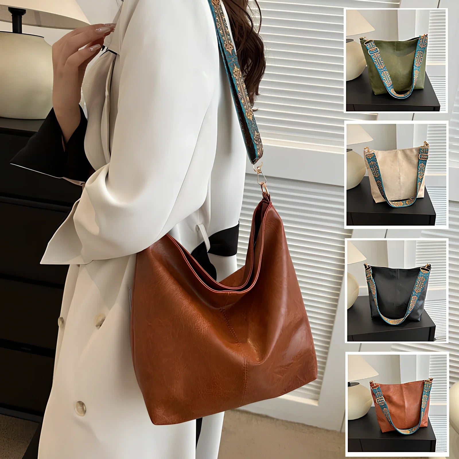 Women's army green PU bucket crossbody bag with wide ethnic strap, 30cm height, large capacity for phone and laptop