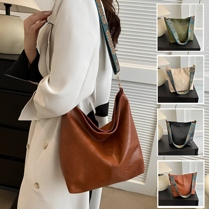 Women's army green PU bucket crossbody bag with wide ethnic strap, 30cm height, large capacity for phone and laptop