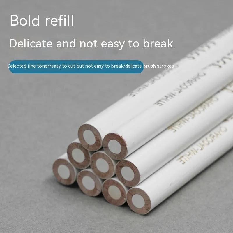 Three white charcoal highlighting pencils with wooden casings for sketching on dark paper