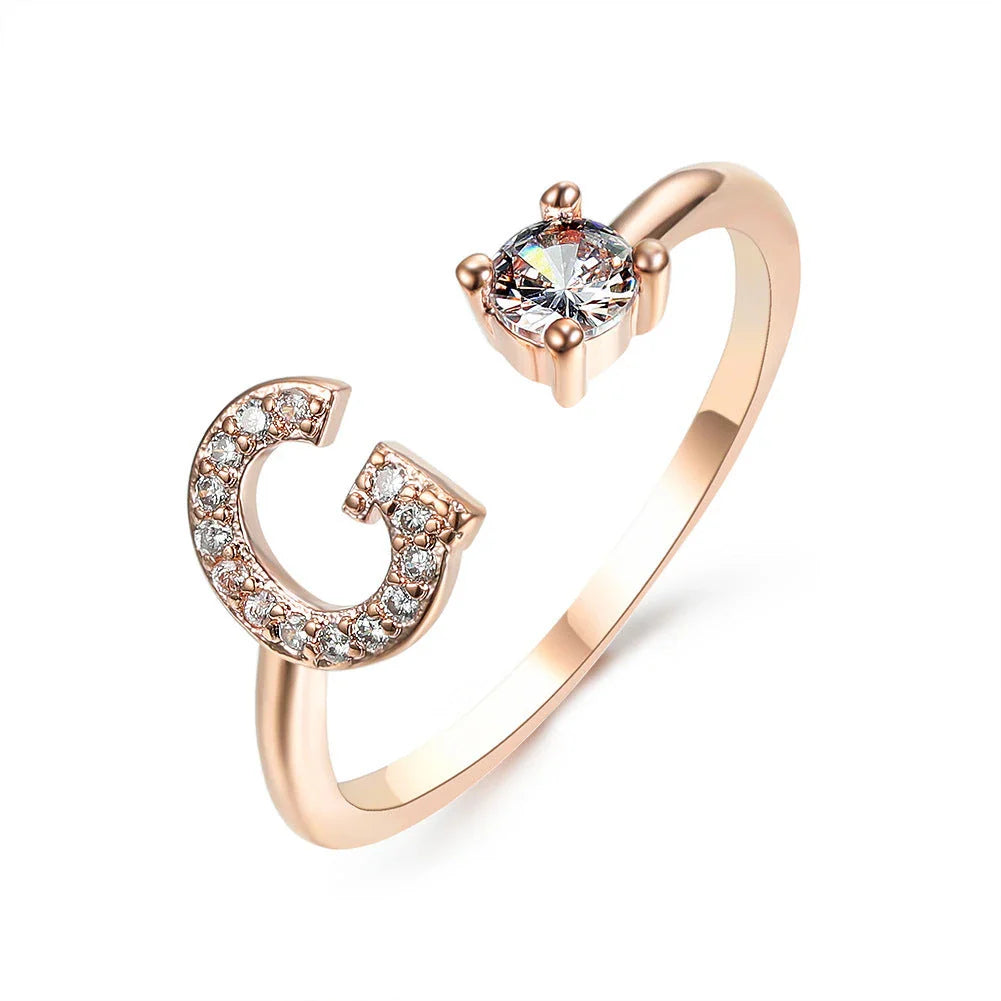 Elegant 26-letter adjustable initial ring in gold, silver, and rose gold finishes