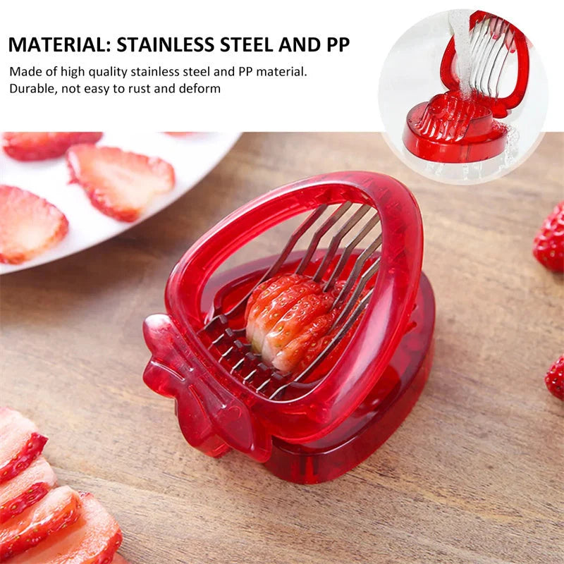 Red strawberry slicer with stainless steel blades for efficient and uniform fruit slicing
