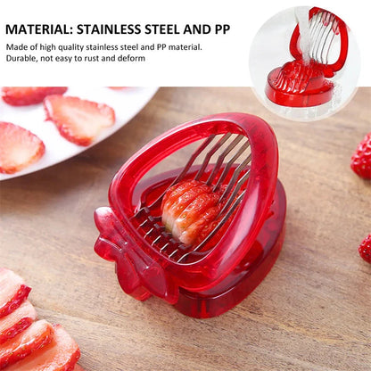 Red strawberry slicer with stainless steel blades for efficient and uniform fruit slicing