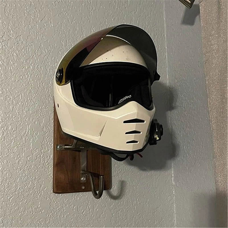 Sturdy black motorcycle helmet rack jacket hook mounted on wall
