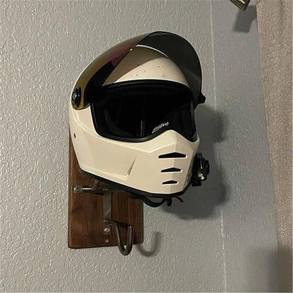 Sturdy black motorcycle helmet rack jacket hook mounted on wall