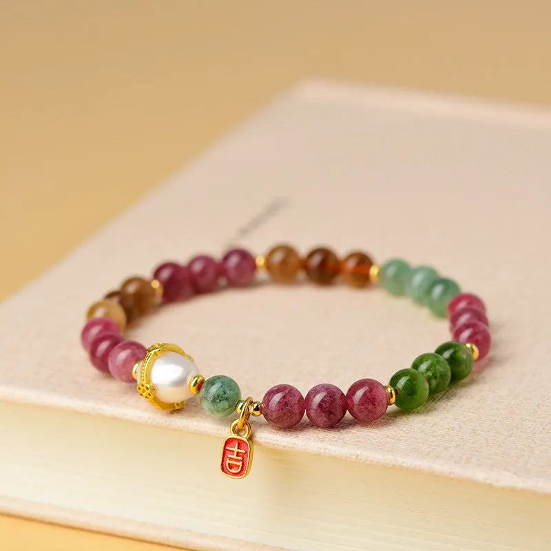 Geometric chalcedony bracelet with 6.5mm beads in optimised tourmaline colour Z054.