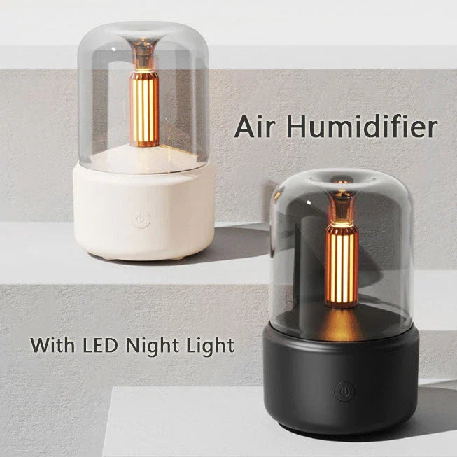 Atmosphere Light Humidifier with candlelight effect and aroma diffuser in beige, black, and pink options