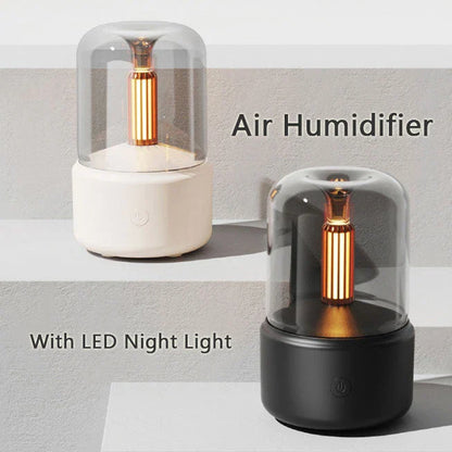 Atmosphere Light Humidifier with candlelight effect and aroma diffuser in beige, black, and pink options