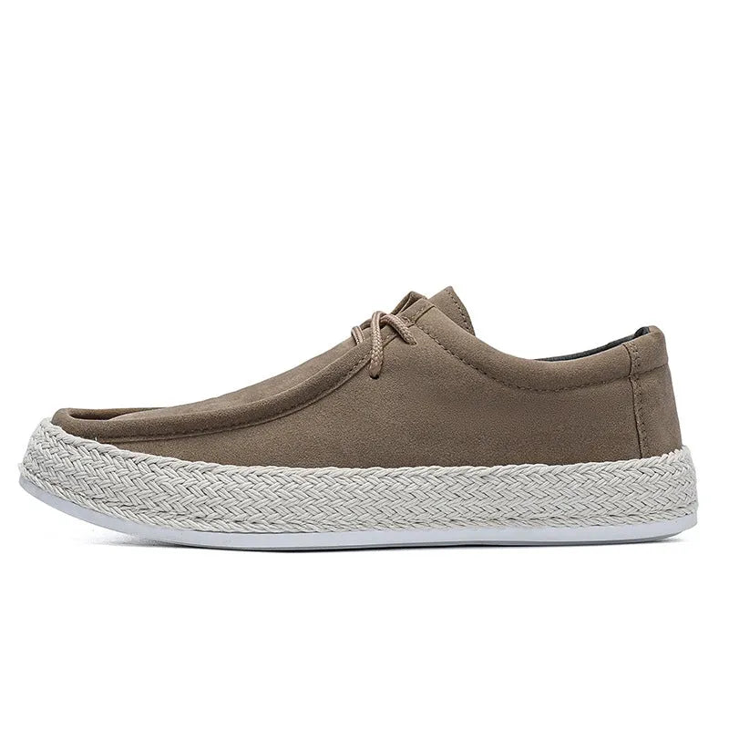 Men's casual pumps in khaki, low-top handmade cloth shoes with flat heel and round toe