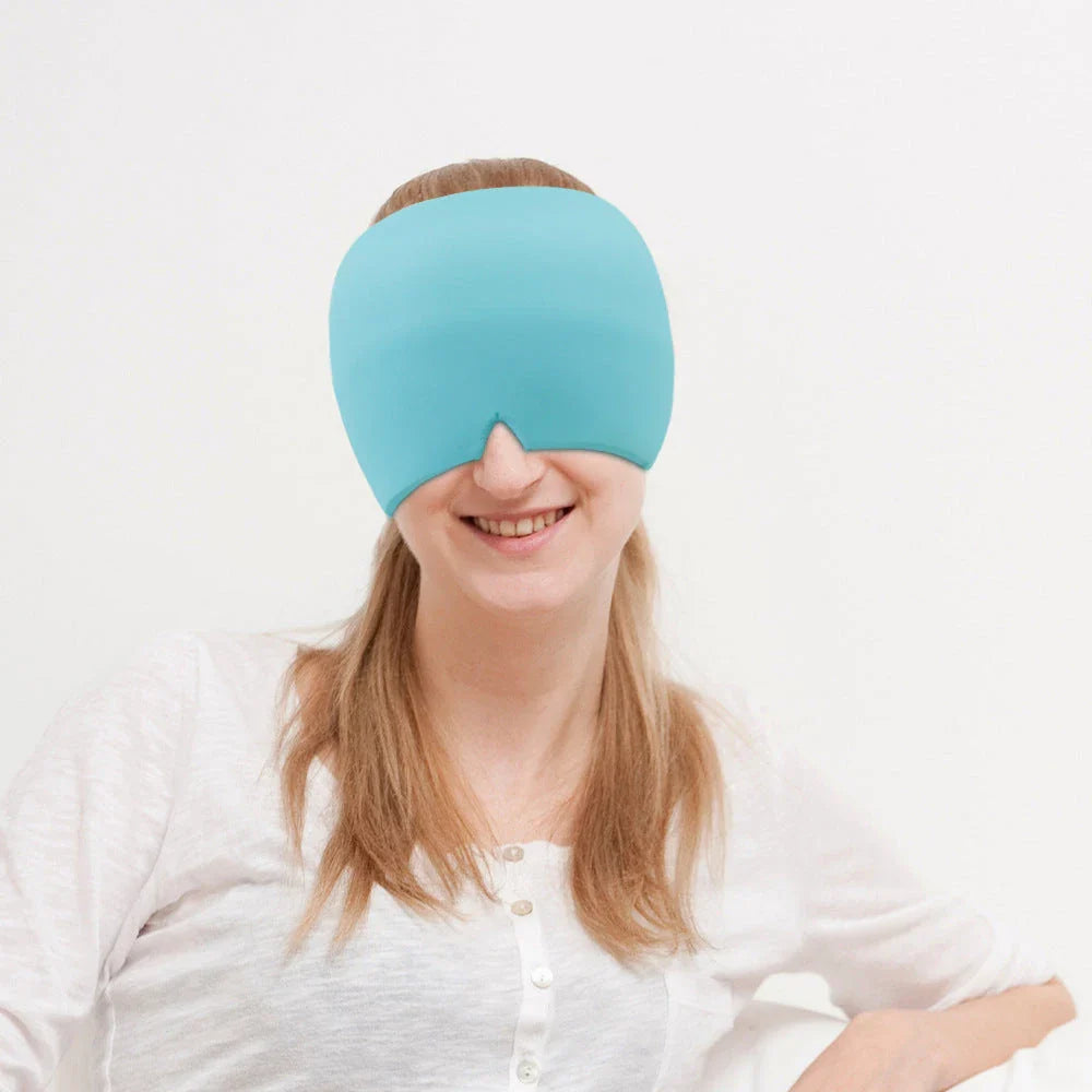 A cold therapy headache relief mask with a gel-infused interior that conforms to your facial contours for soothing cold therapy