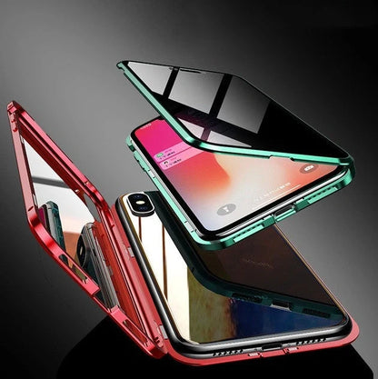 Magnetic privacy phone case showing 16-point closure system and anti-peep screen technology