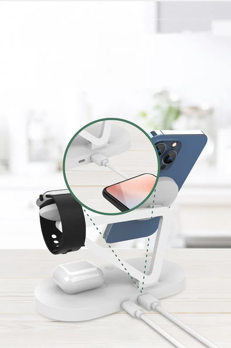 Black 3-in-1 wireless charging station for phone, Apple Watch and Airpods on a desk