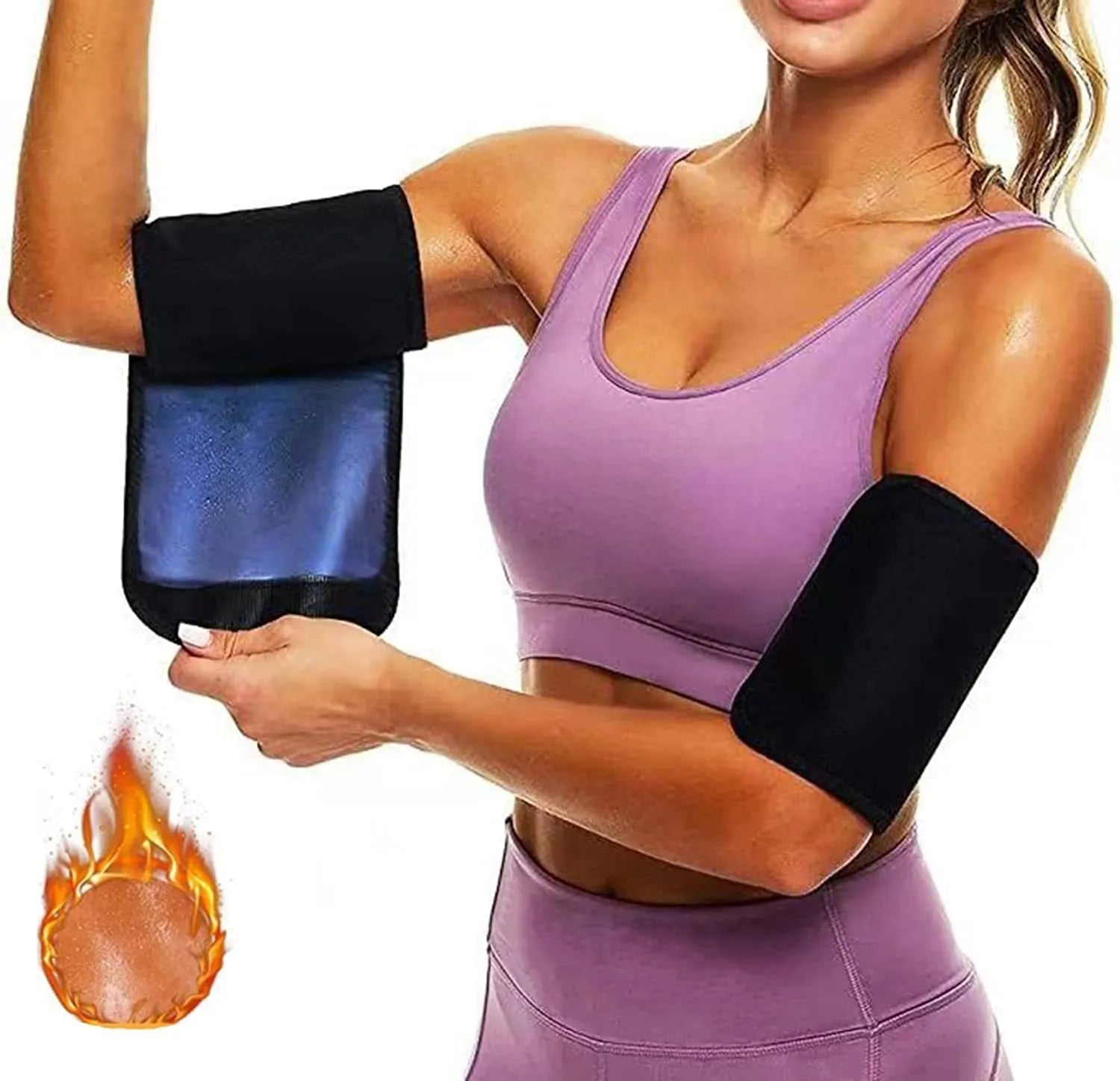 Adjustable arm sweatband in blue colour with binding strap, shown on an arm.