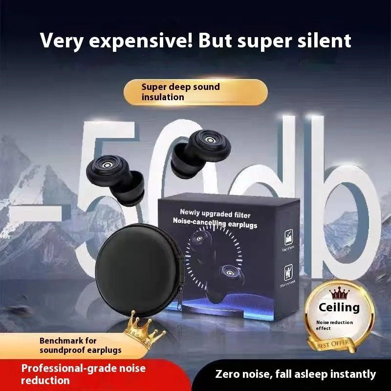 Soft silicone earplugs for sleep with ear cap and storage bag in beige and dark night black