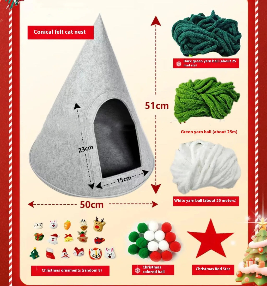 Grey conical felt enclosed cat nest with Christmas handmade design measuring 50cm diameter
