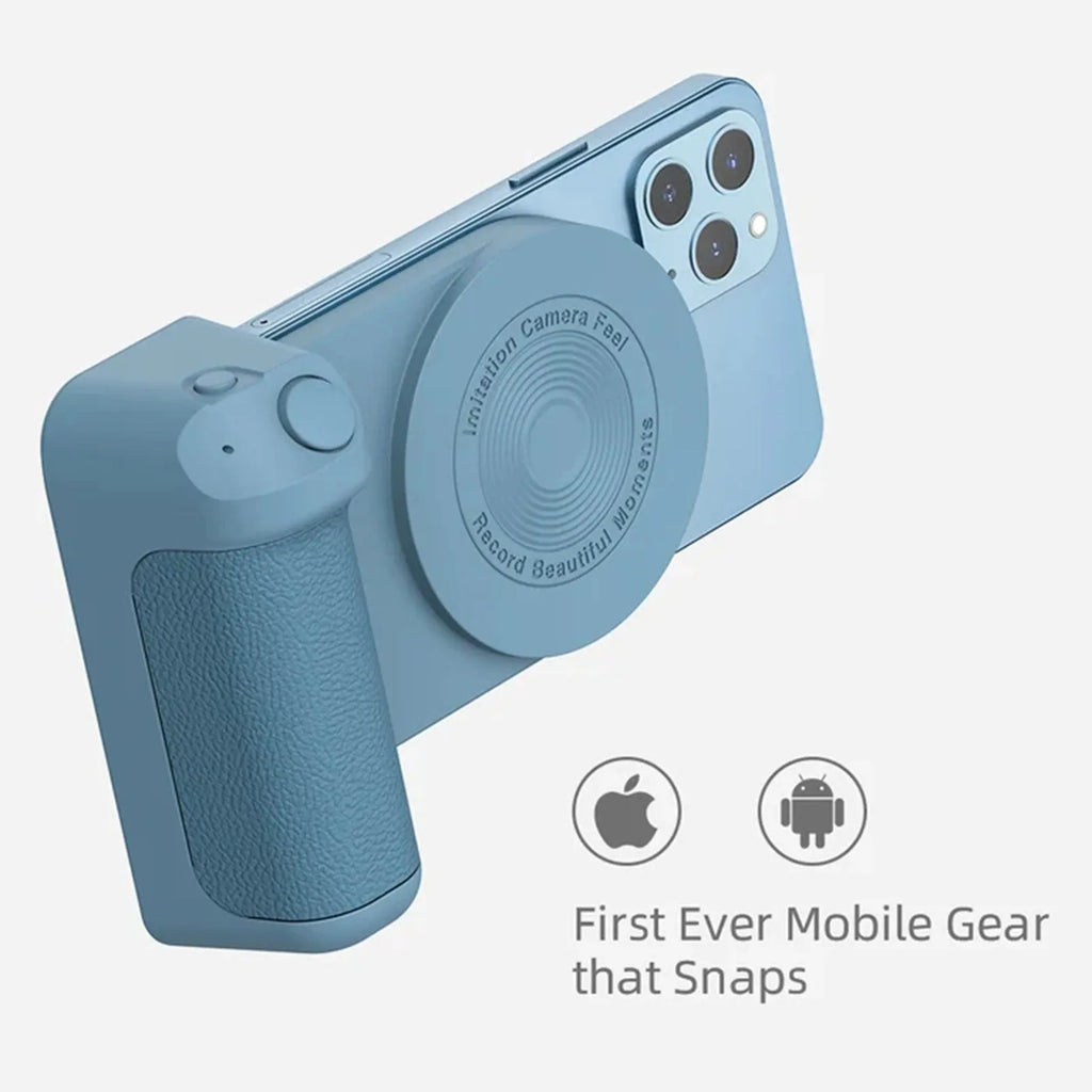 Black magnetic 3-in-1 phone camera grip and stand with ergonomic handle on a table