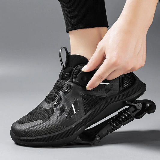 Black mechanical power running shoes with mesh upper and rubber sole showing buckle closure system
