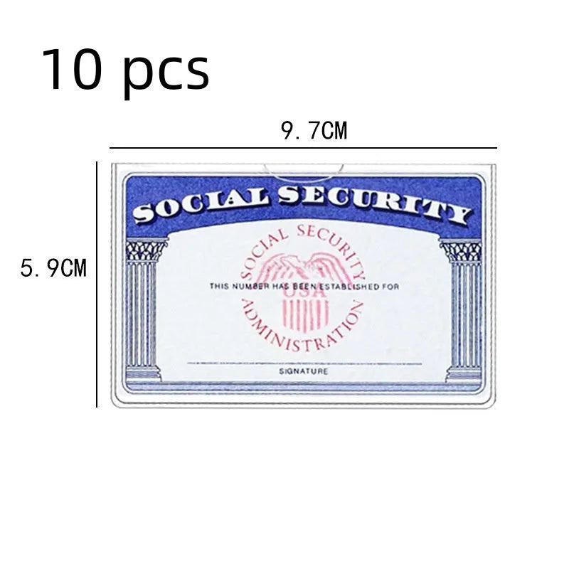 Transparent PVC social security card holder showing dimensions of 9.7 by 5.9 centimetres