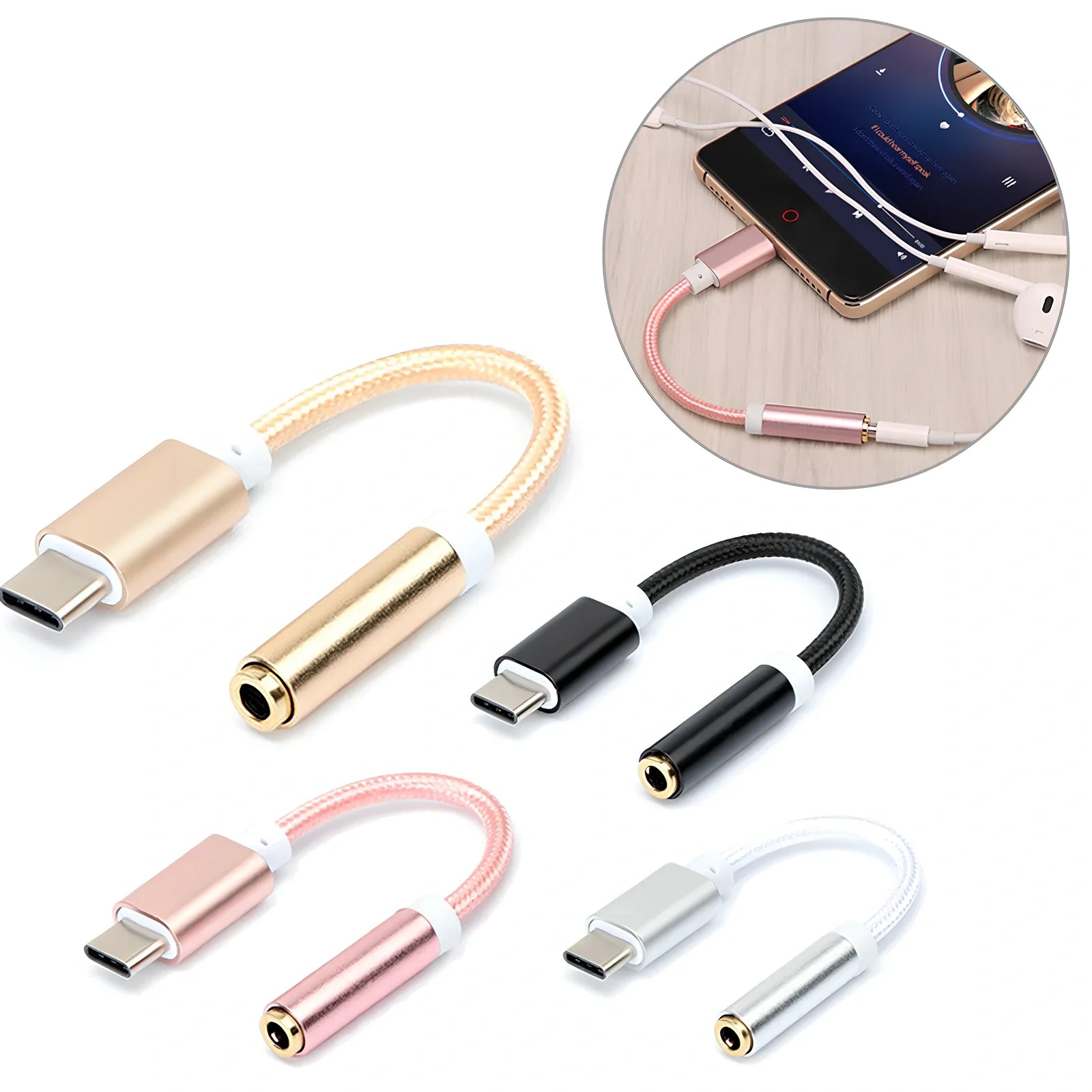 Black woven Type-C to 3.5mm audio adapter cable, 12cm length, 5g weight for mobile headphone connection