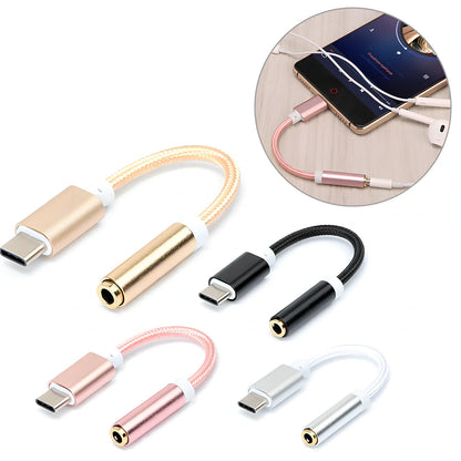 Black woven Type-C to 3.5mm audio adapter cable, 12cm length, 5g weight for mobile headphone connection