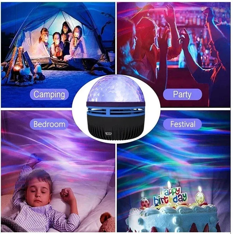 Compact USB-powered LED galaxy projector lamp with remote control on a table