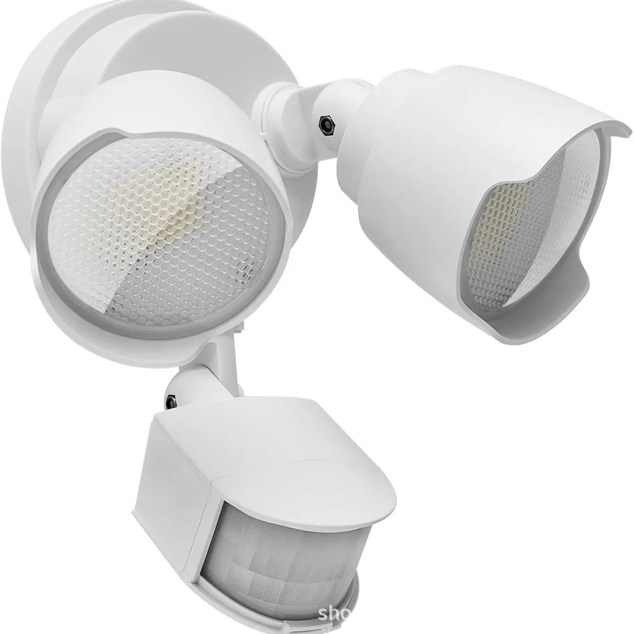 White 120V LED security floodlight with motion sensor showing wall mount bracket and dimensions.