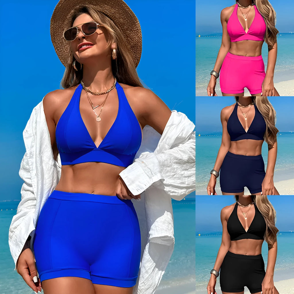 Women's black nylon bikini swimsuit with polyester lining, shown on a mannequin.