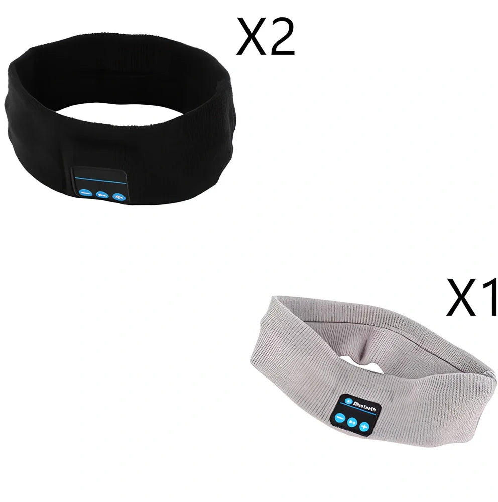 Black Bluetooth sports headband with integrated audio controls and 110mAh battery for workouts