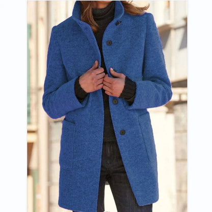 Stylish wool coat with stand collar and pockets, available in various colors for casual fall and winter wear.