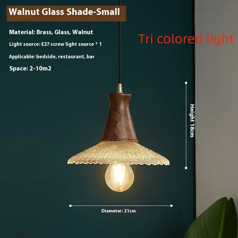 Retro brass and glass woodcraft chandelier ceiling lamp shown in three available sizes.