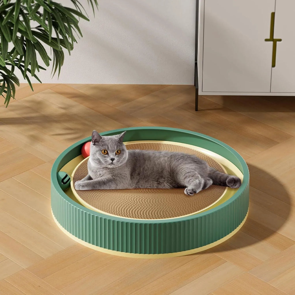 Green and white cat scratching board with bell balls and replaceable cardboard core for furniture protection