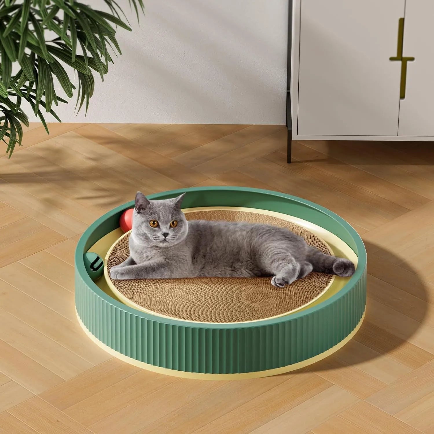 Green and white cat scratching board with bell balls and replaceable cardboard core for furniture protection