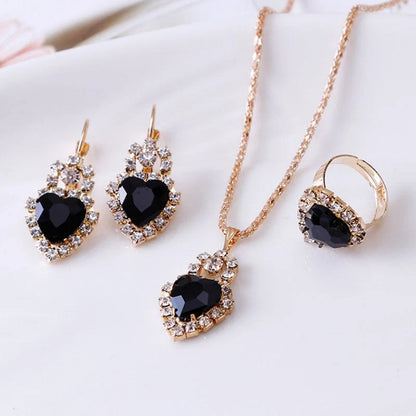 Water drop rhinestone jewellery set with adjustable necklace, earrings, and ring in various colours