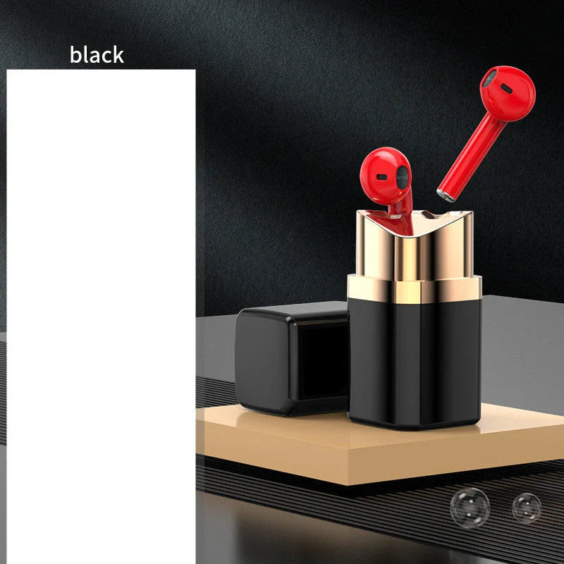 Stylish wireless Bluetooth earbuds with lipstick-inspired design and noise cancellation features