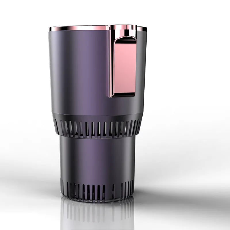 Black 2-in-1 car cup heater and cooler with digital display inserted in a vehicle cup holder.