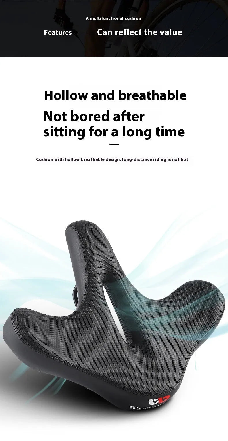 Black leather bicycle saddle cushion with thick foam padding on a bike seat.