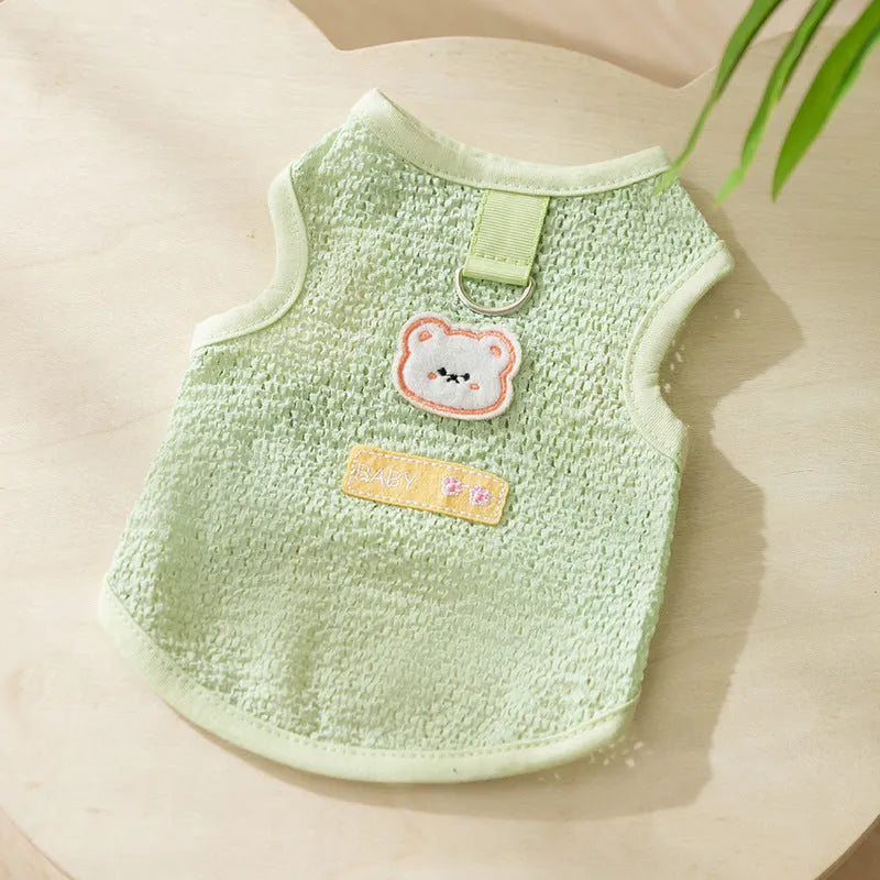 Green knitted cat clothing with a hollowed-out cartoon bear patch design